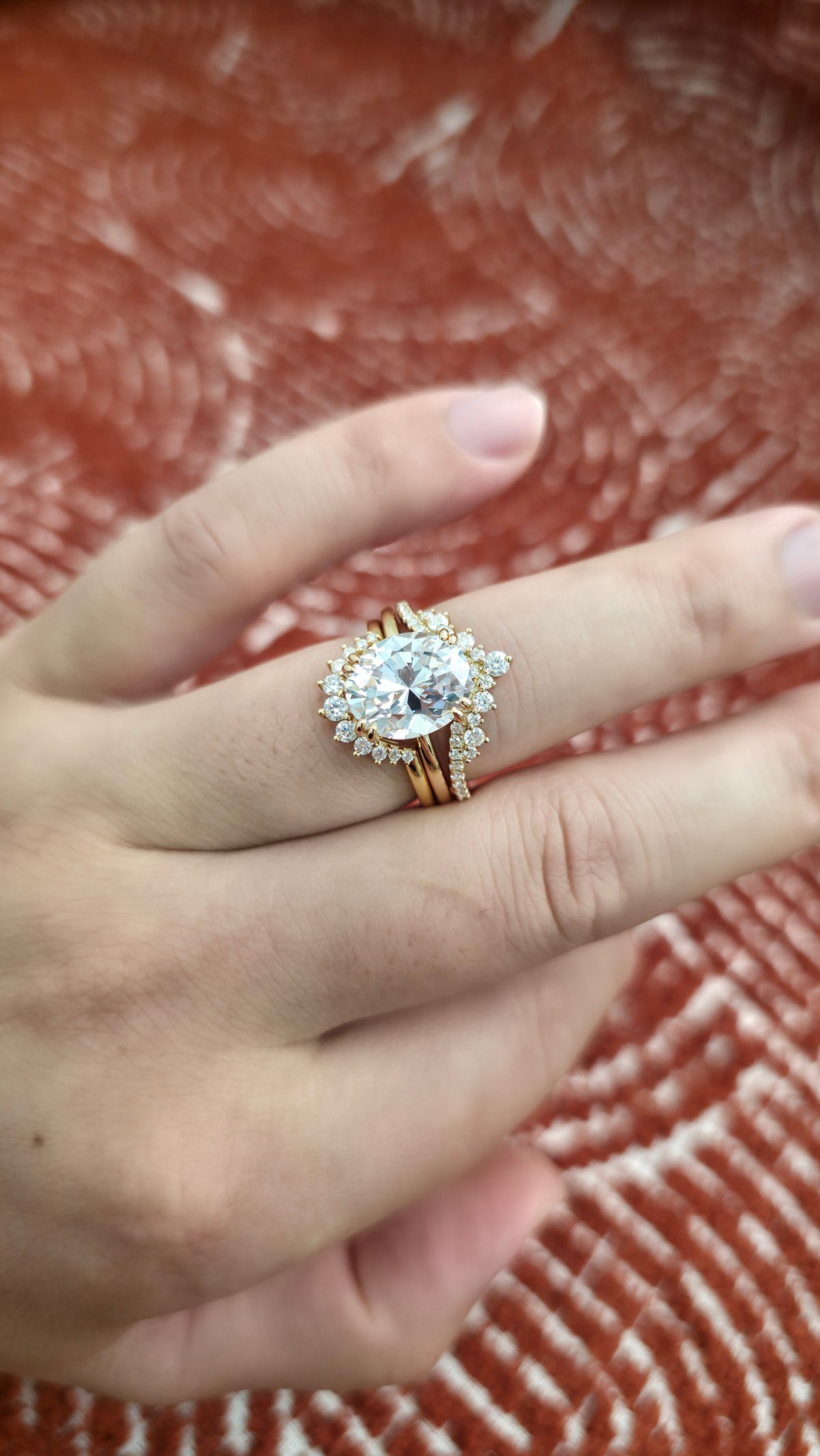 5.05ct Oval cut lab grown diamond chevron half-circle engagement stacking rings for woman