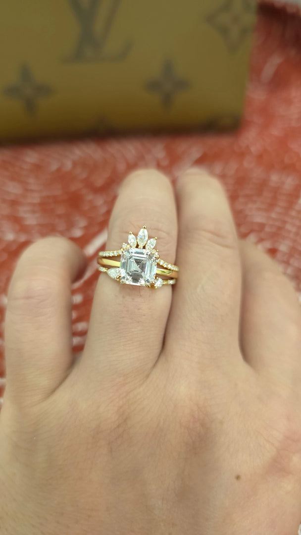 3.5ct Asscher cut lab grown diamond crown open engagement stacking rings for woman