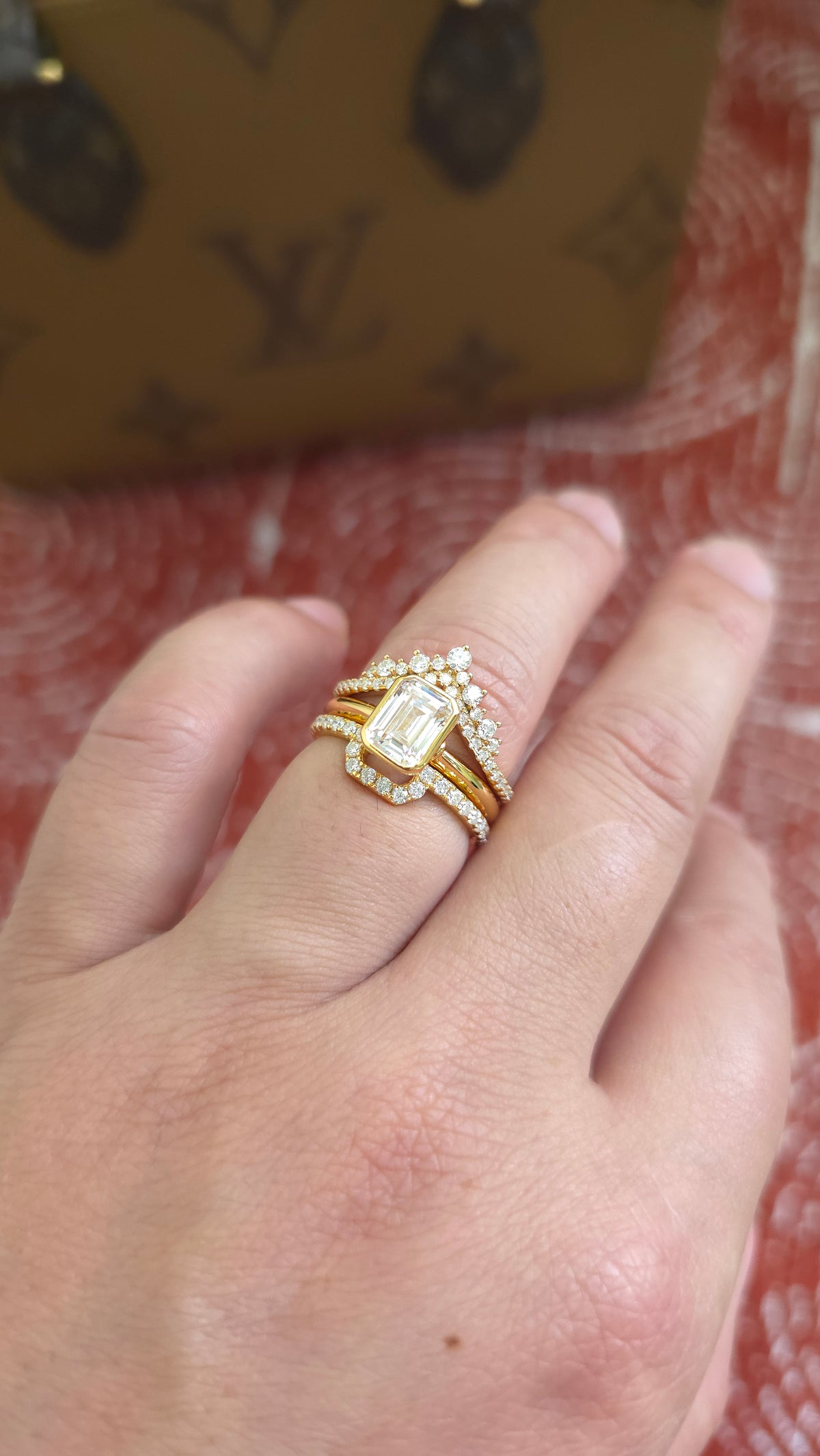 1.75ct Emerald cut lab grown diamond chevron curved engagement stacking rings for woman