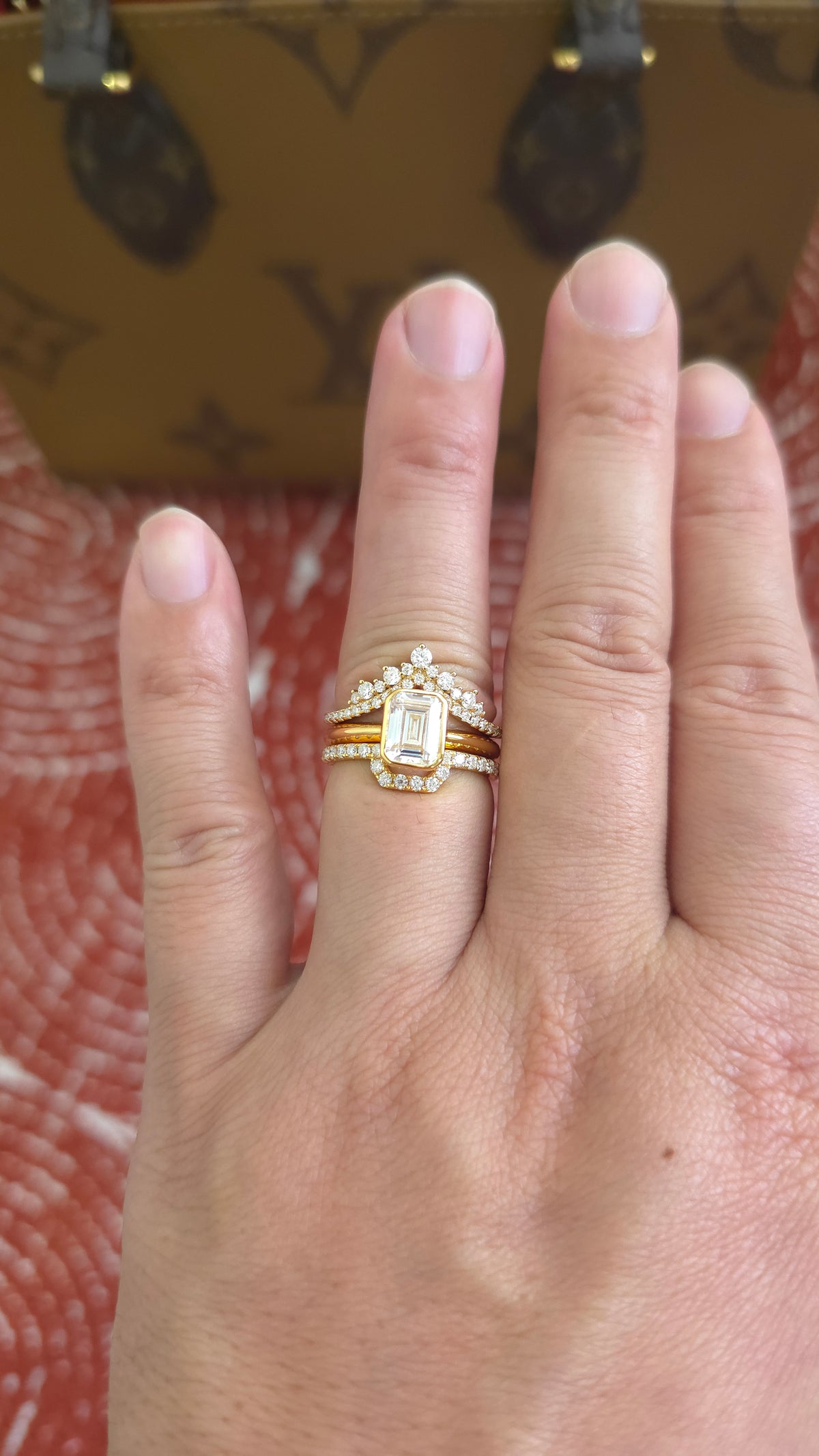 1.75ct Emerald cut lab grown diamond chevron curved engagement stacking rings for woman