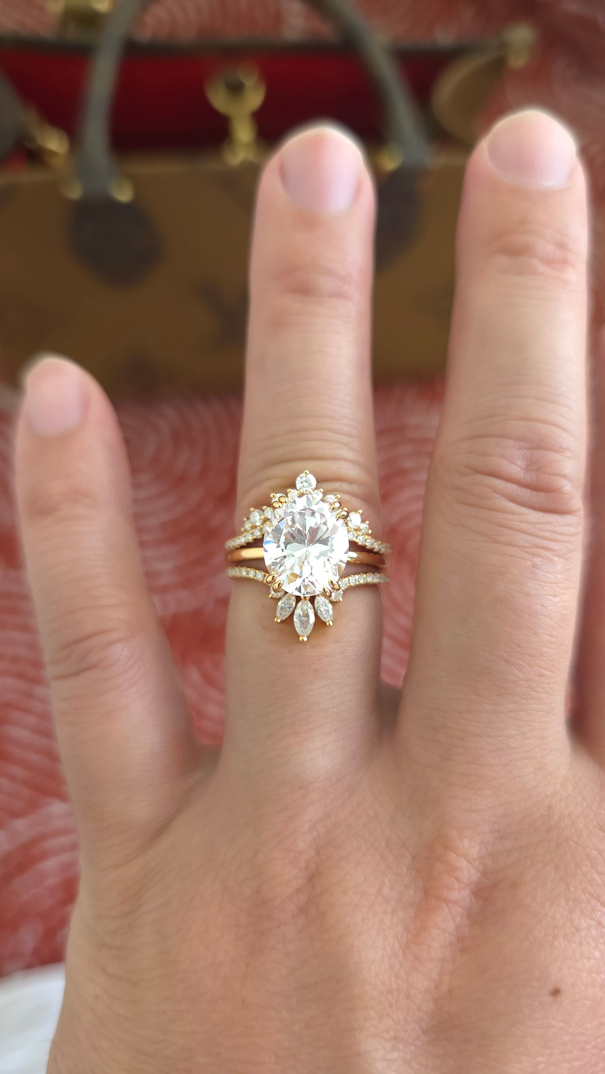 5.05ct Oval cut lab grown diamond chevron curved engagement stacking rings for woman