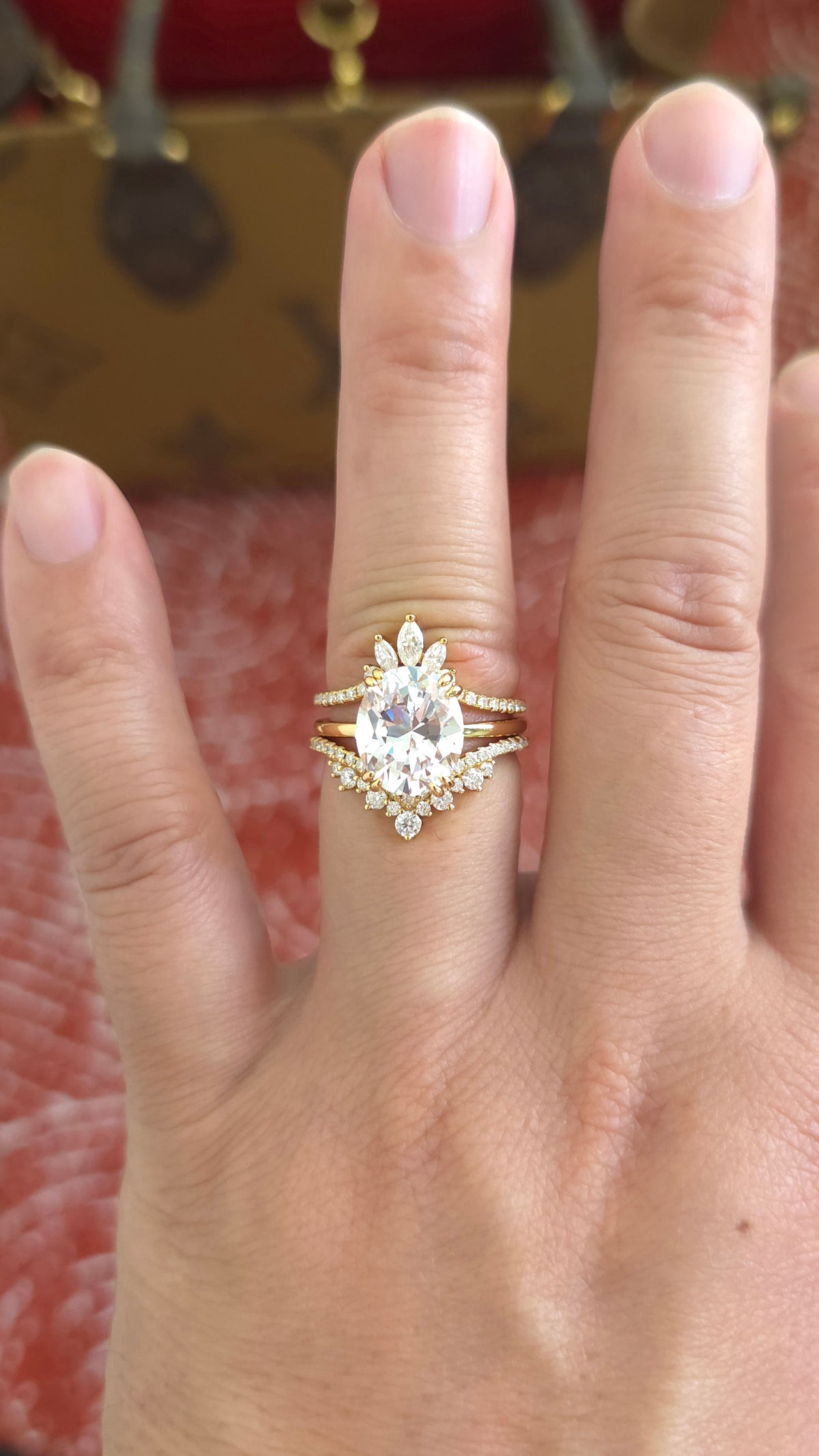 5.05ct Oval cut lab grown diamond chevron curved engagement stacking rings for woman