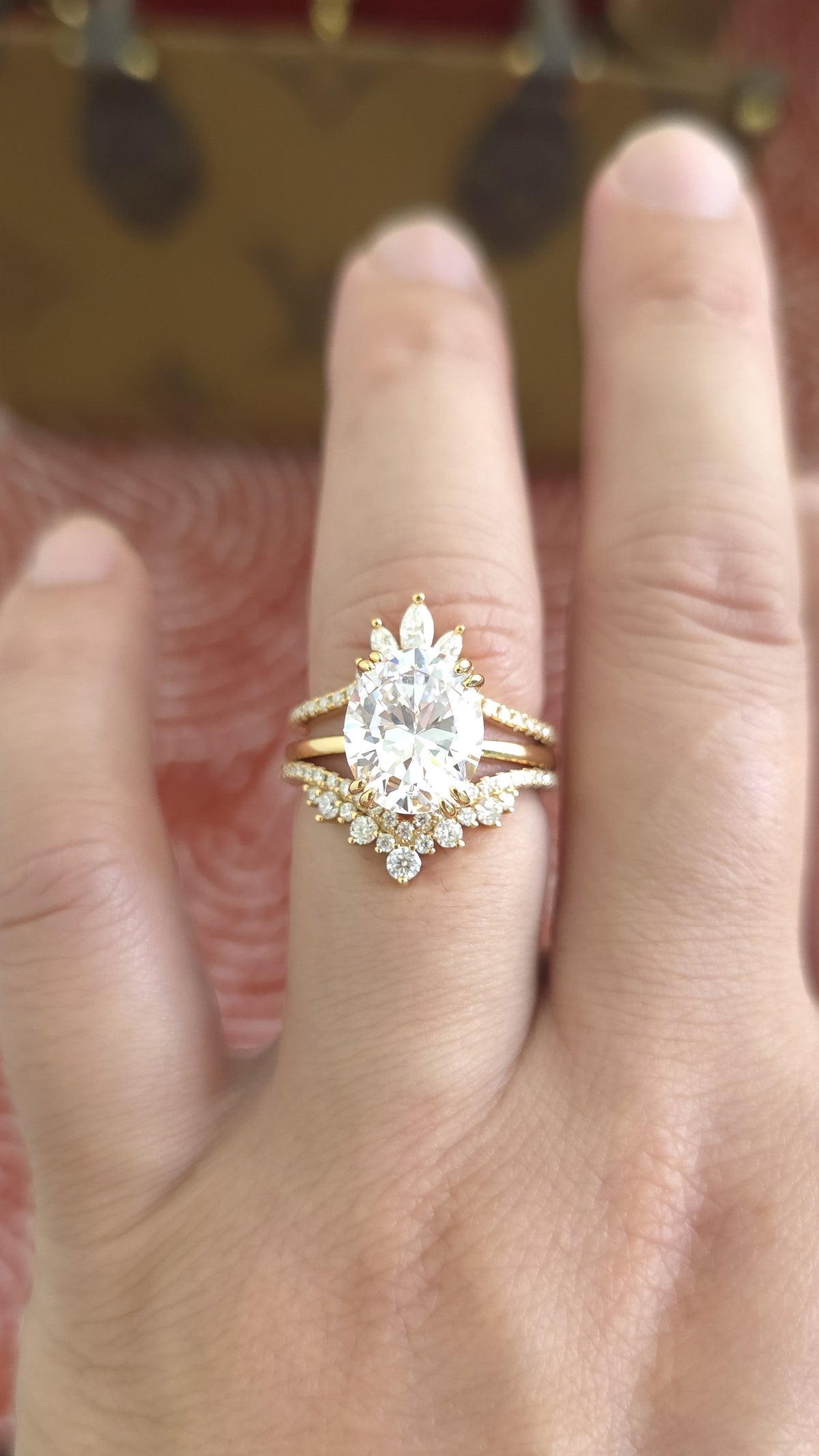 5.05ct Oval cut lab grown diamond chevron curved engagement stacking rings for woman