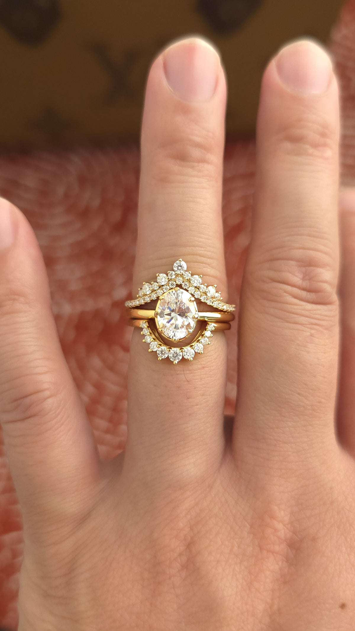 2ct Oval cut lab grown diamond chevron half-circle engagement stacking rings for woman