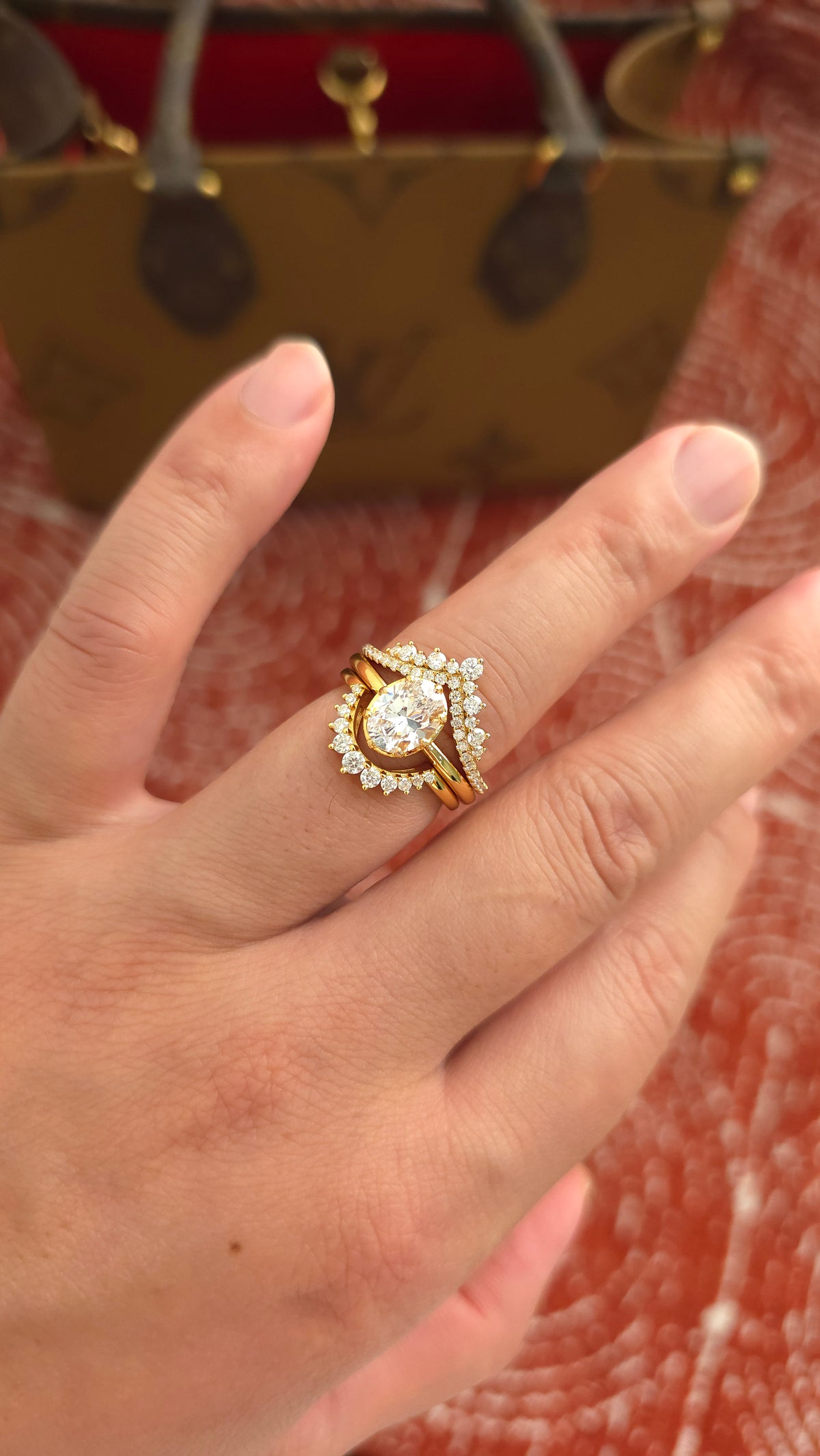 2ct Oval cut lab grown diamond chevron half-circle engagement stacking rings for woman