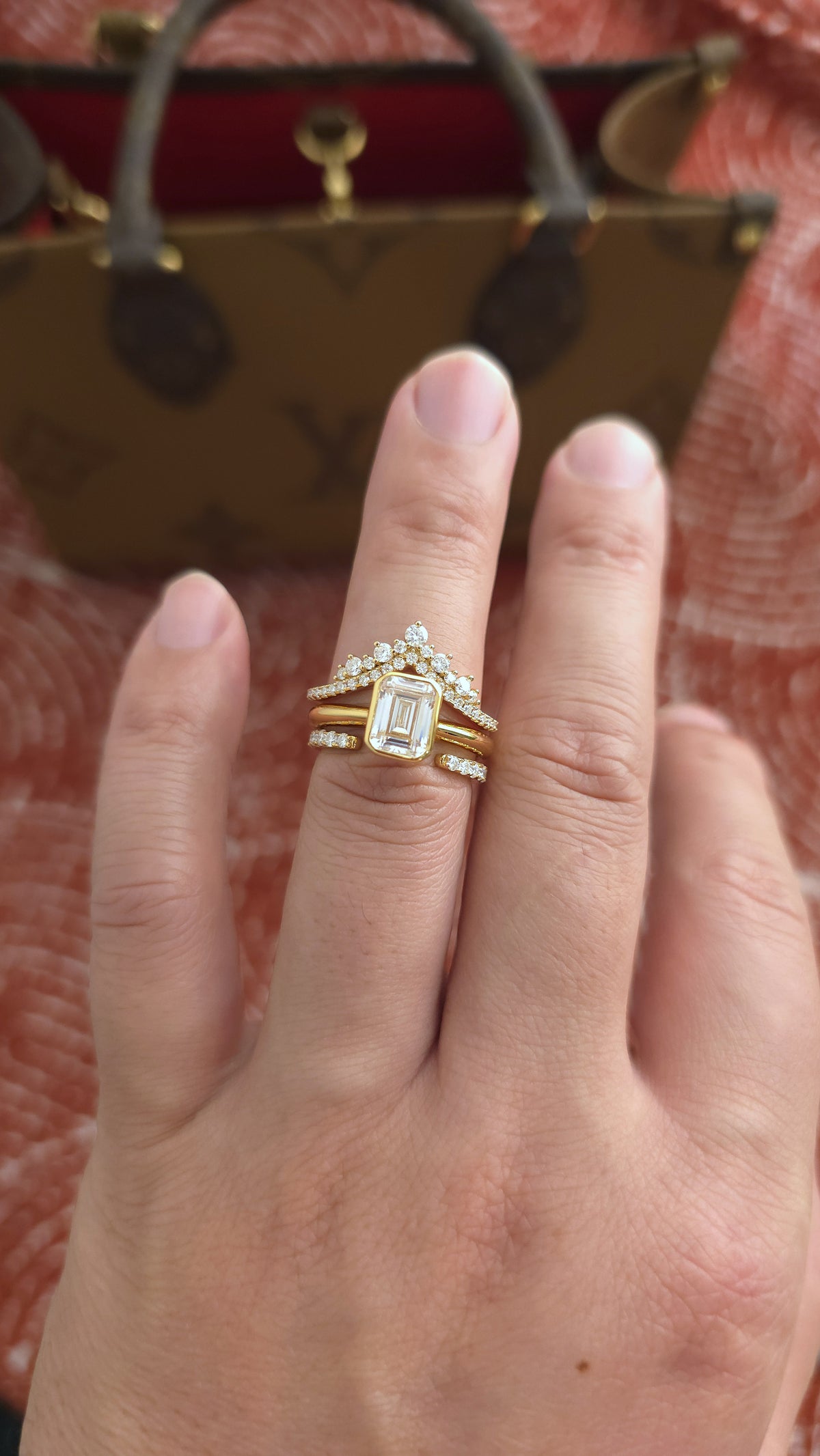 1.75ct Emerald cut lab grown diamond chevron open engagement stacking rings for woman