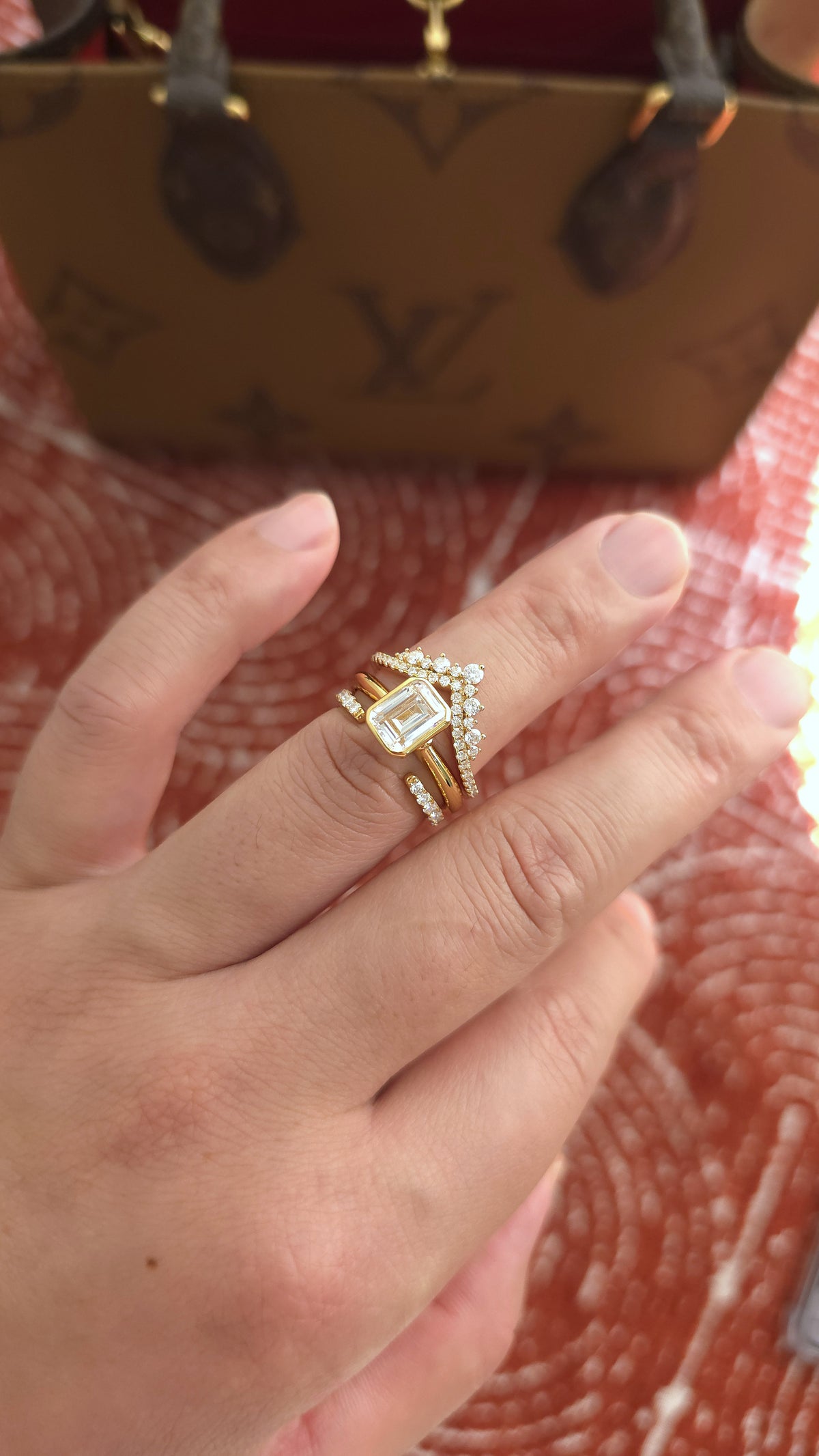 1.75ct Emerald cut lab grown diamond chevron open engagement stacking rings for woman