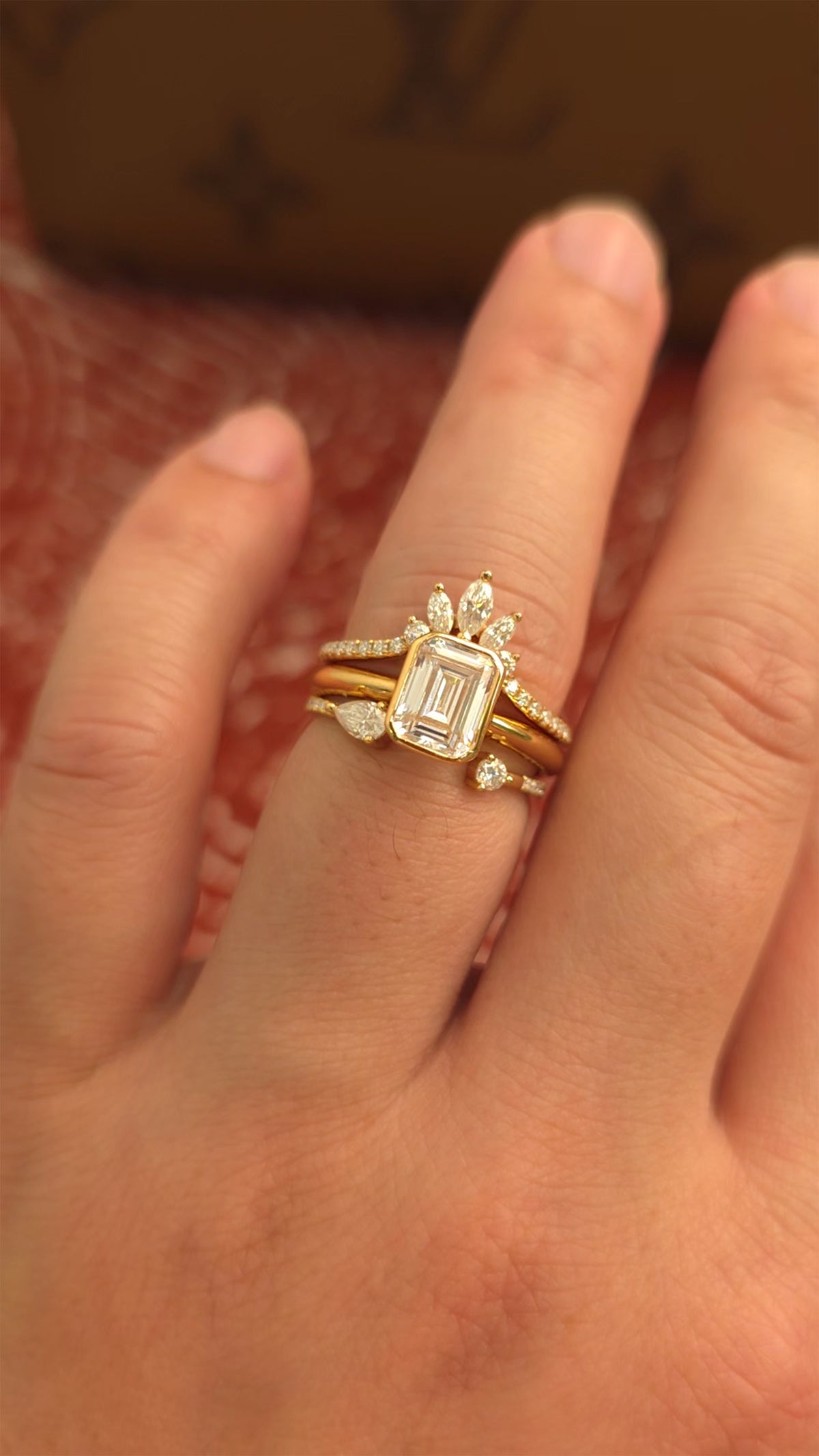 1.75ct Emerald cut lab grown diamond crown open engagement stacking rings for woman
