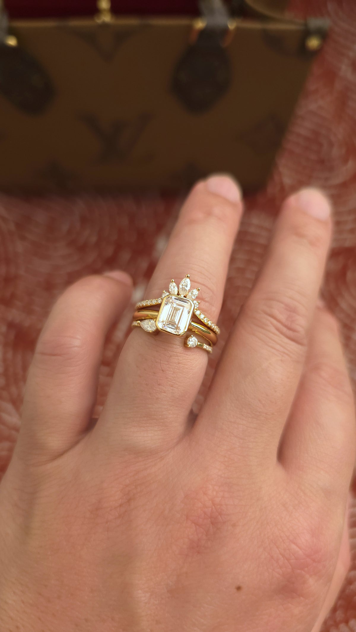 1.75ct Emerald cut lab grown diamond crown open engagement stacking rings for woman