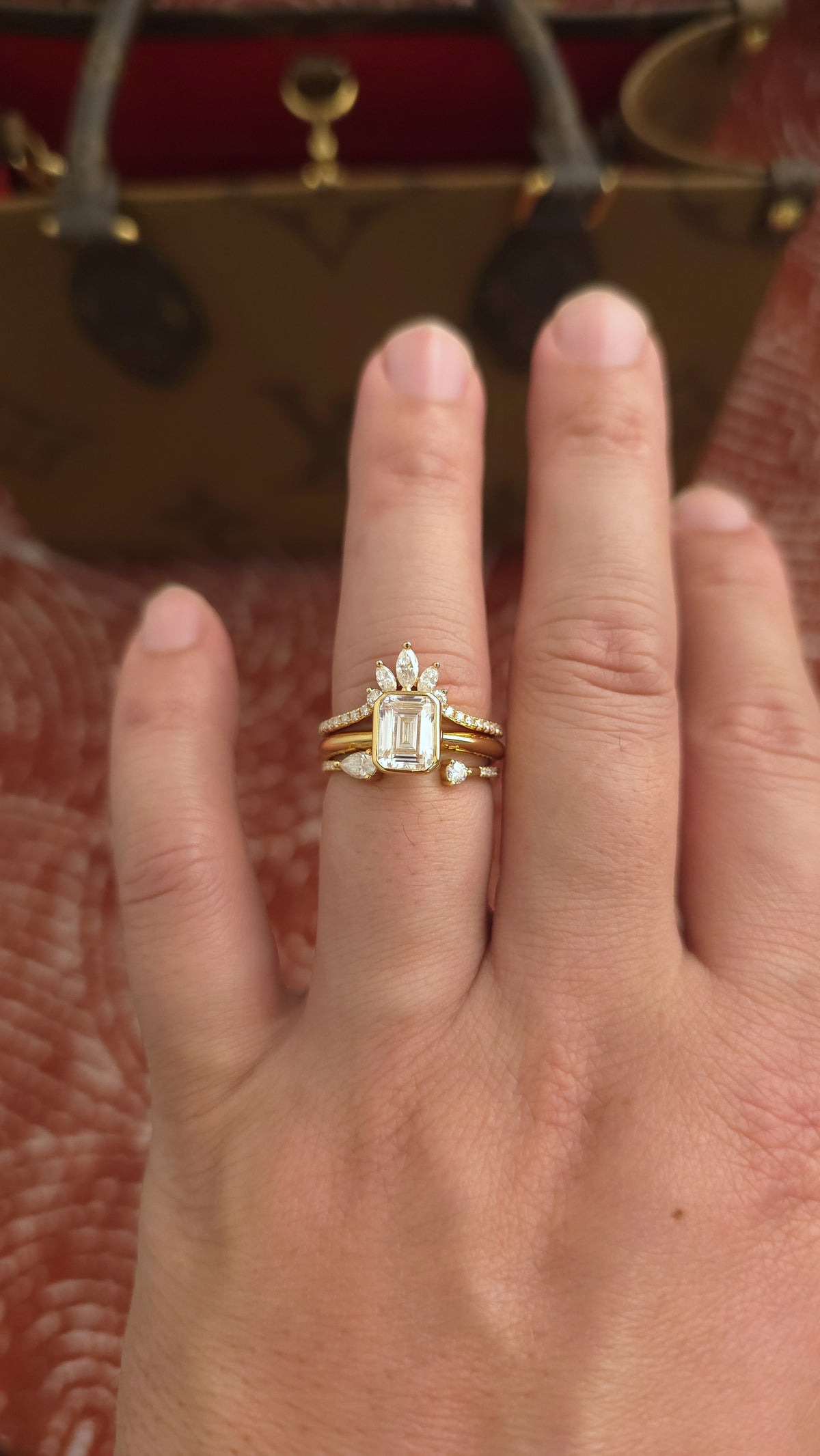 1.75ct Emerald cut lab grown diamond crown open engagement stacking rings for woman