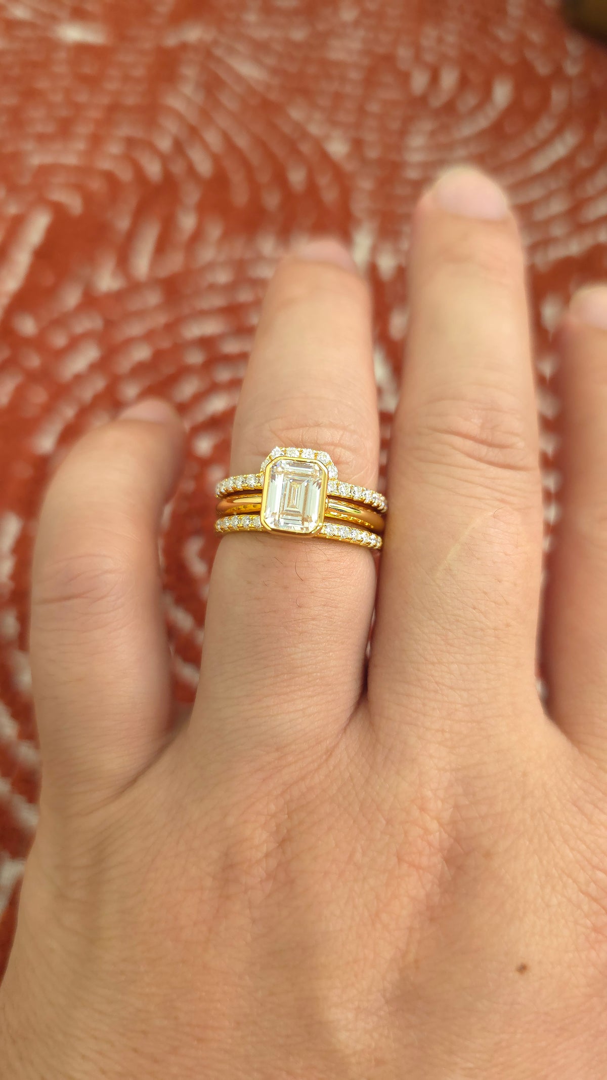 1.75ct Emerald cut lab grown diamond open curved engagement stacking rings for woman