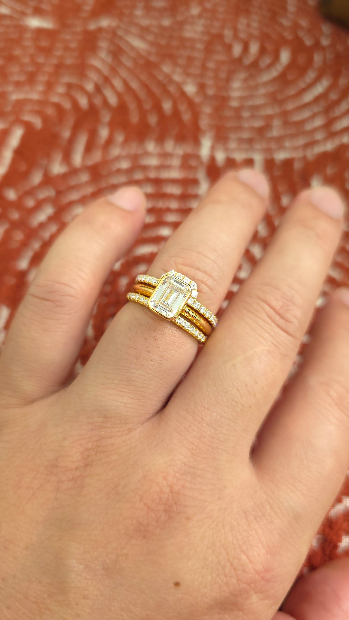 1.75ct Emerald cut lab grown diamond open curved engagement stacking rings for woman