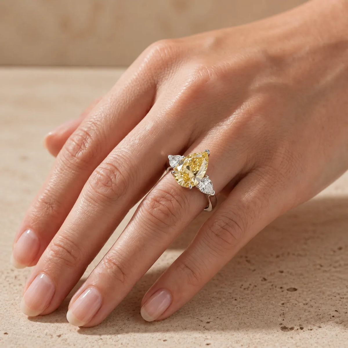 2 CT Fancy Yellow Pear Cut Lab-Grown Diamond Three-Stone Engagement Ring