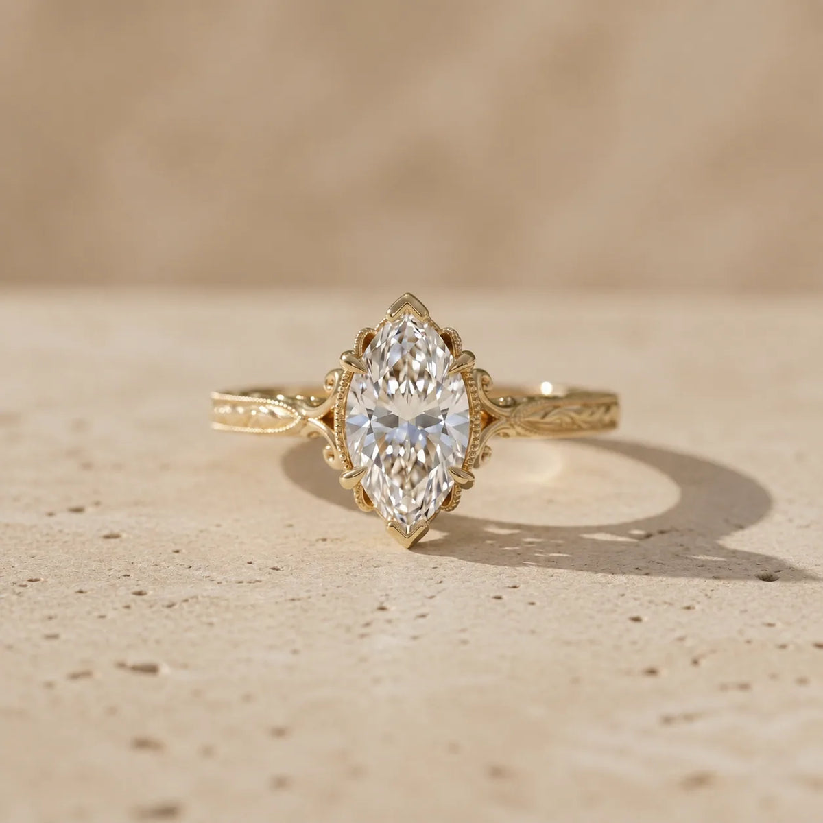 2 CT Marquise Cut Lab-Grown Diamond Bezel-Set Leaf-Motif Engagement Ring