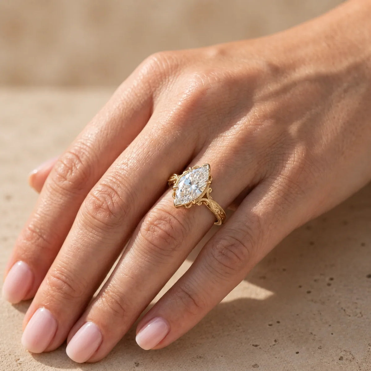 2 CT Marquise Cut Lab-Grown Diamond Bezel-Set Leaf-Motif Engagement Ring