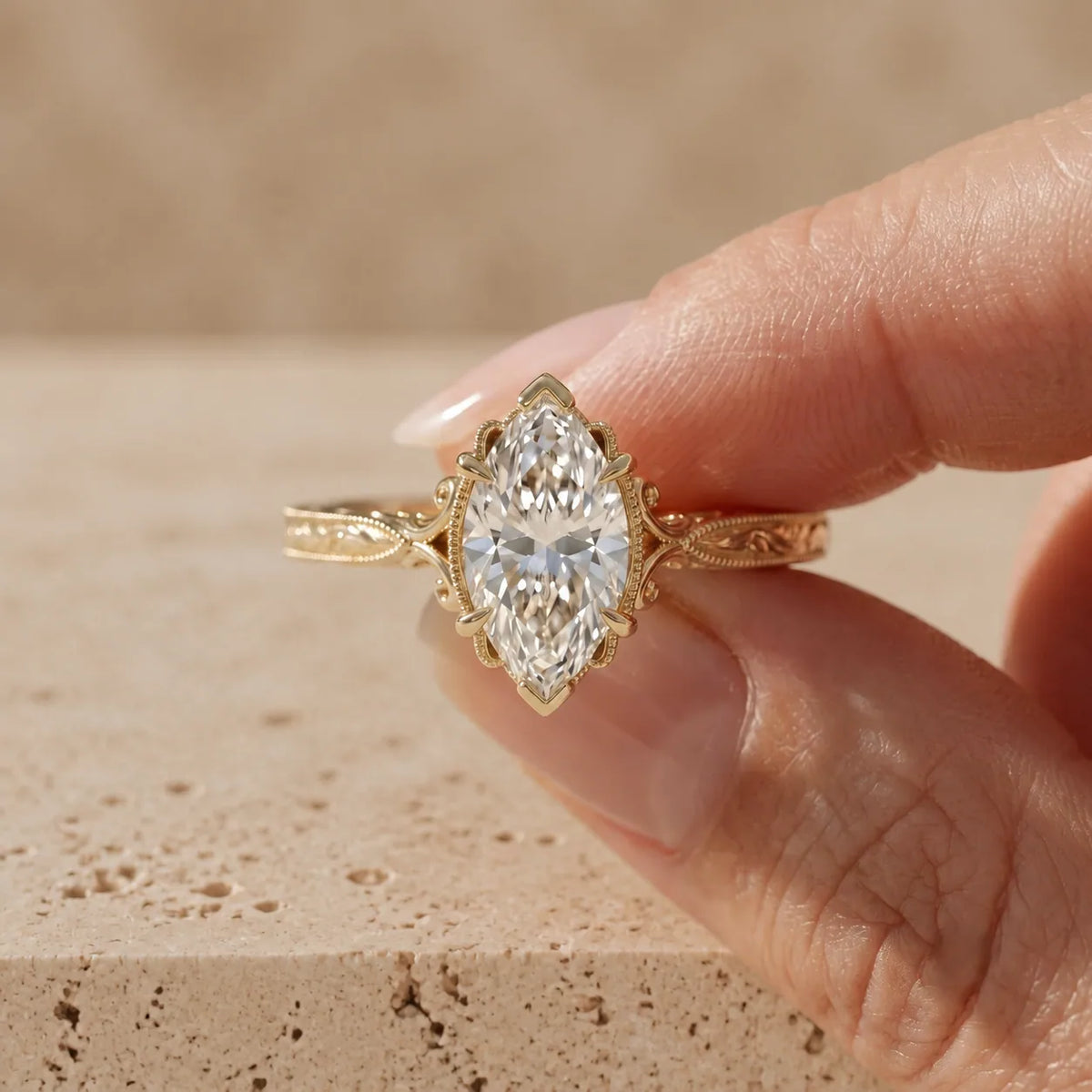 2 CT Marquise Cut Lab-Grown Diamond Bezel-Set Leaf-Motif Engagement Ring
