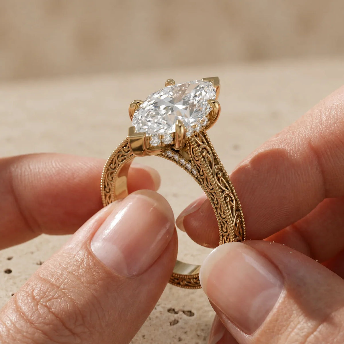 2 CT Marquise Cut Lab-Grown Diamond Engraved Filigree Solitaire Engagement Ring
