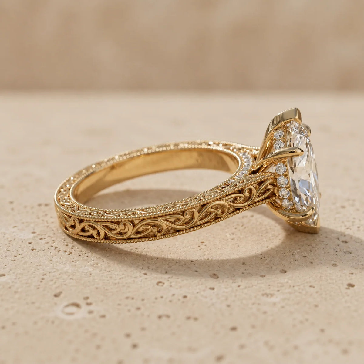 2 CT Marquise Cut Lab-Grown Diamond Engraved Filigree Solitaire Engagement Ring