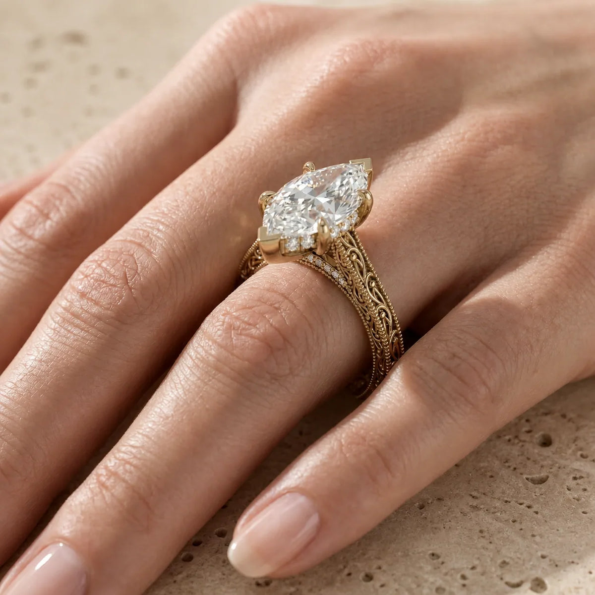 2 CT Marquise Cut Lab-Grown Diamond Engraved Filigree Solitaire Engagement Ring