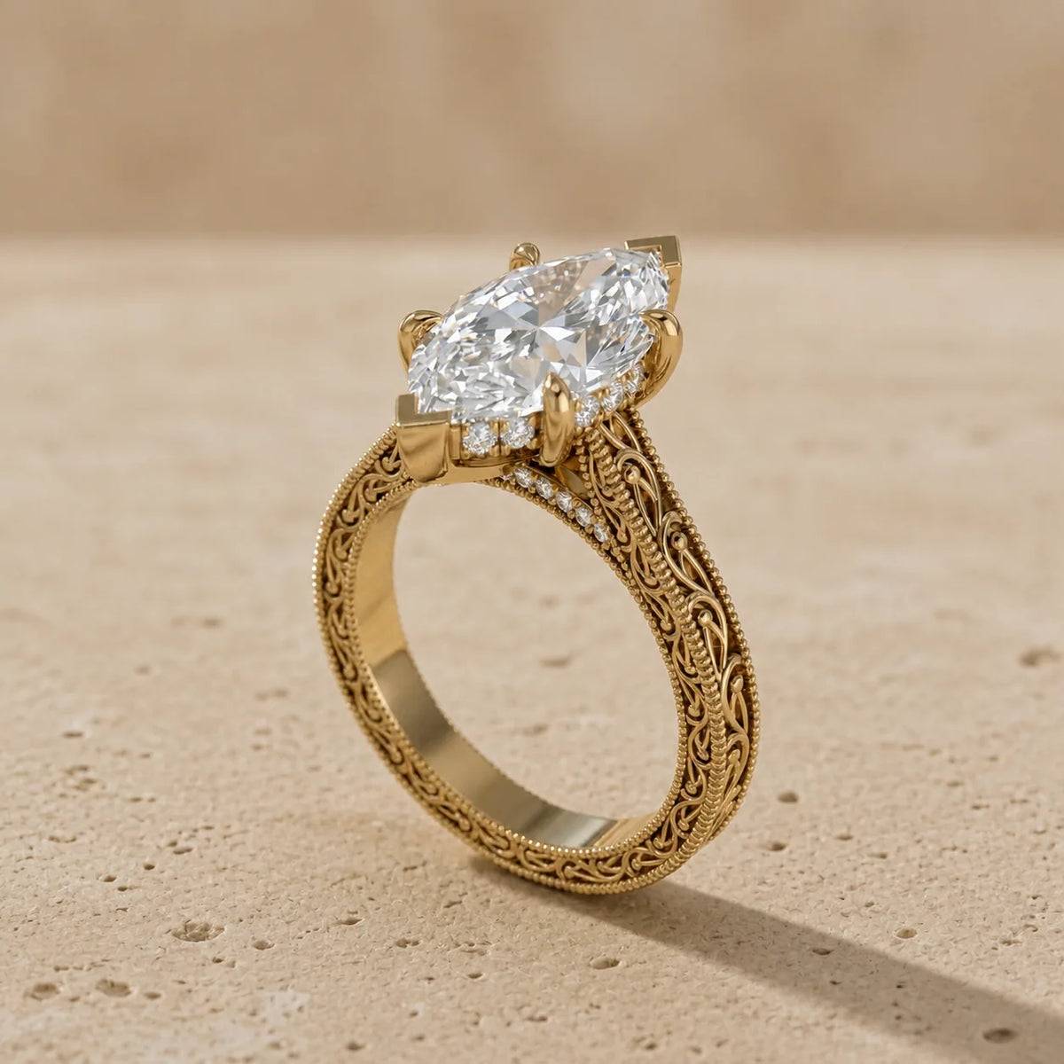 2 CT Marquise Cut Lab-Grown Diamond Engraved Filigree Solitaire Engagement Ring