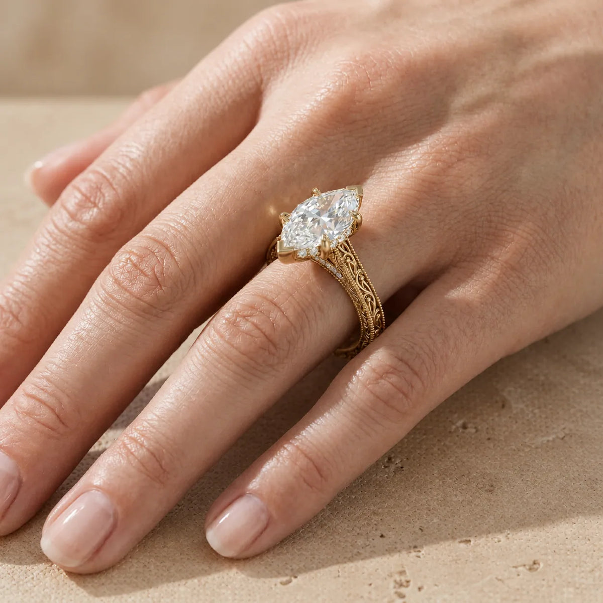 2 CT Marquise Cut Lab-Grown Diamond Engraved Filigree Solitaire Engagement Ring