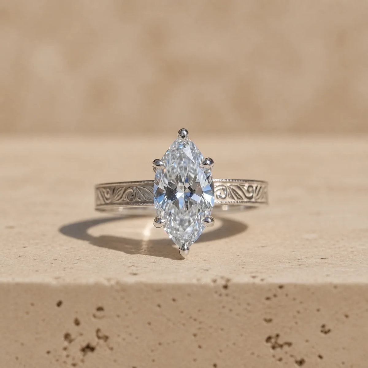 2 CT Marquise Cut Lab-Grown Diamond Floral-Engraved Engagement Ring
