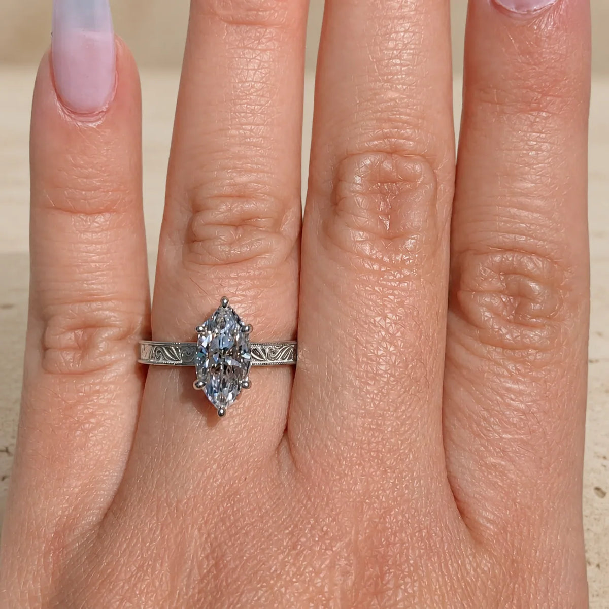 2 CT Marquise Cut Lab-Grown Diamond Floral-Engraved Engagement Ring