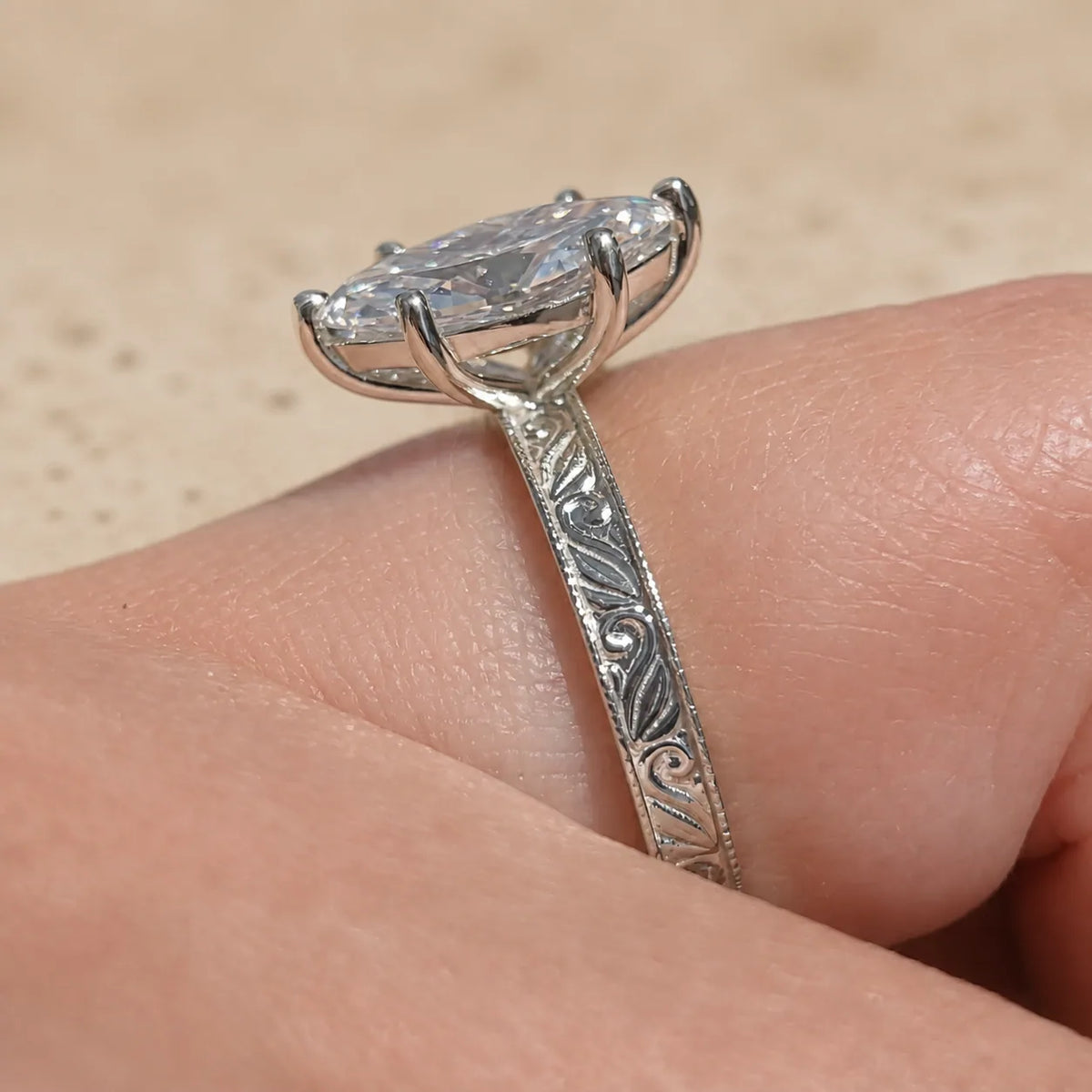 2 CT Marquise Cut Lab-Grown Diamond Floral-Engraved Engagement Ring