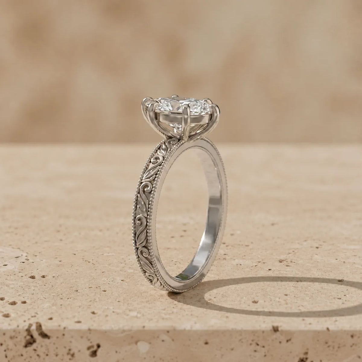 2 CT Marquise Cut Lab-Grown Diamond Floral-Engraved Engagement Ring