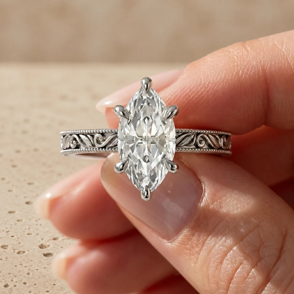 2 CT Marquise Cut Lab-Grown Diamond Floral-Engraved Engagement Ring