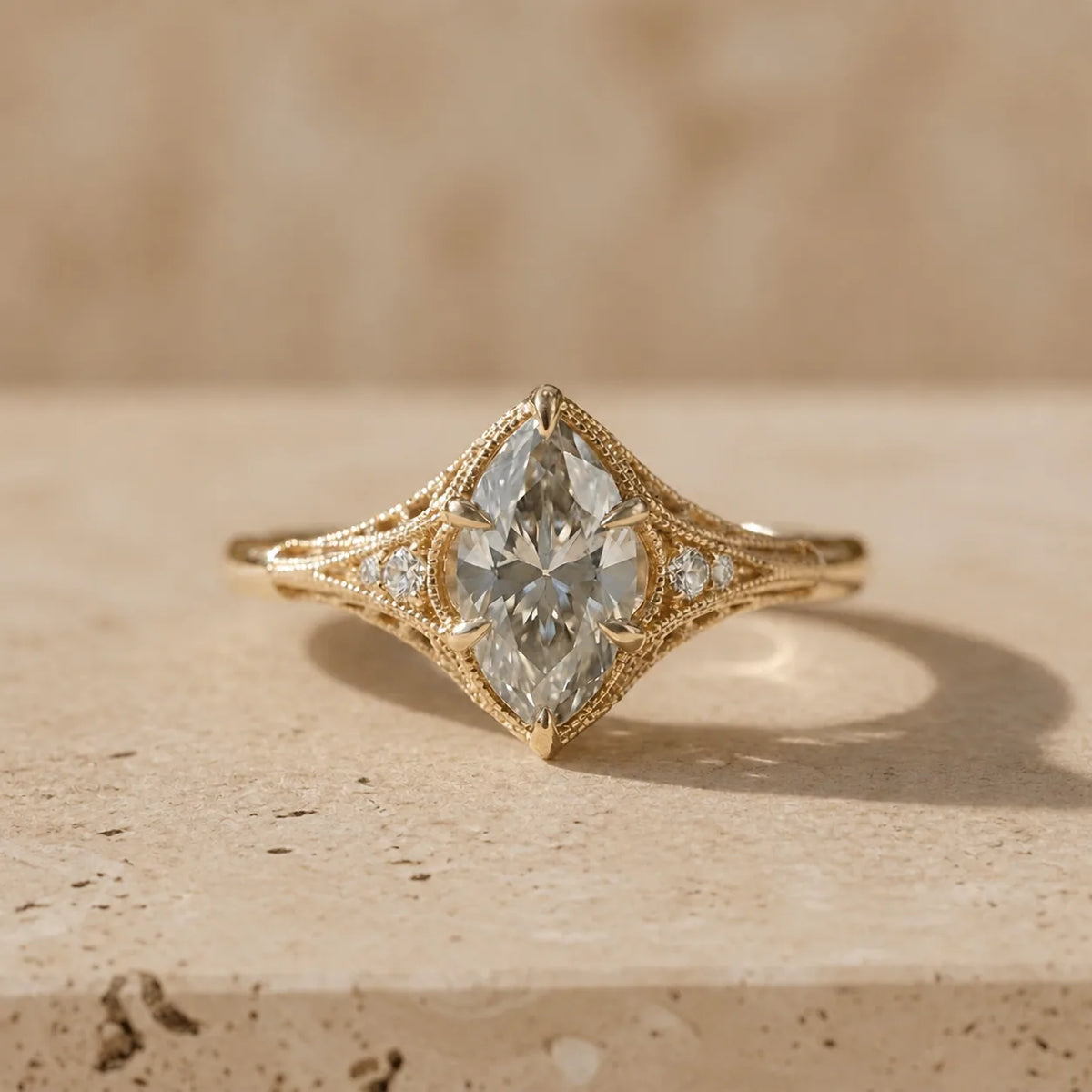 2 CT Marquise Cut Lab-Grown Diamond Leaf-Filigree Engagement Ring