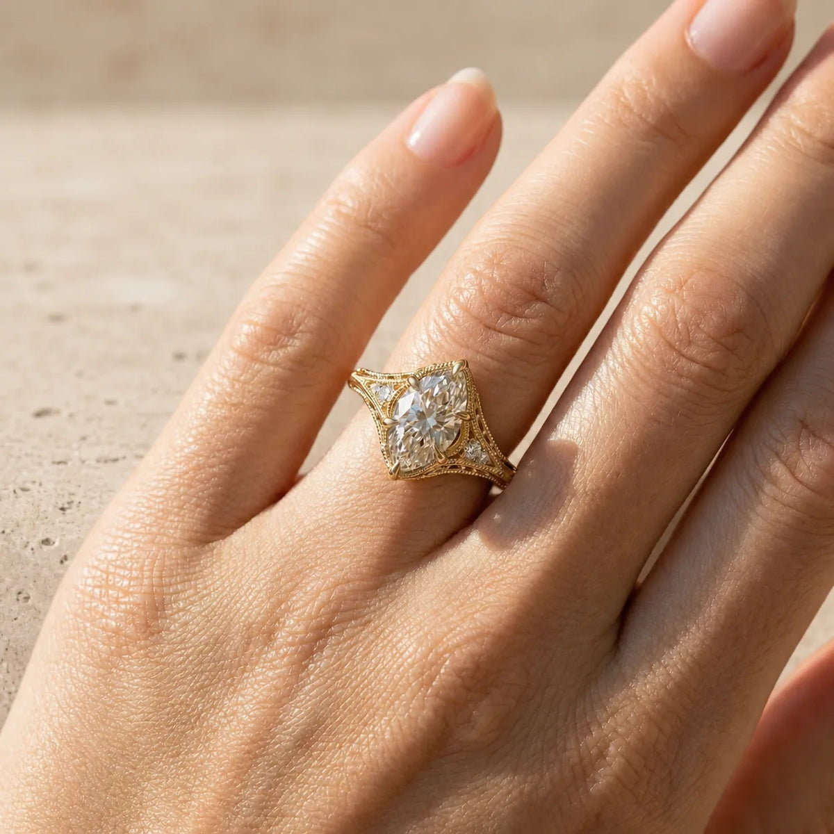 2 CT Marquise Cut Lab-Grown Diamond Leaf-Filigree Engagement Ring