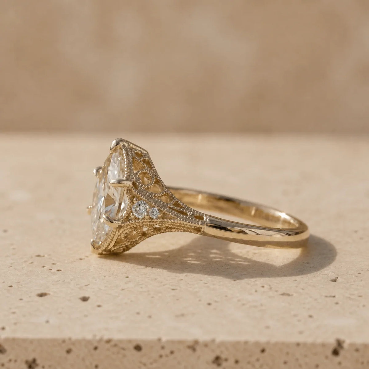 2 CT Marquise Cut Lab-Grown Diamond Leaf-Filigree Engagement Ring