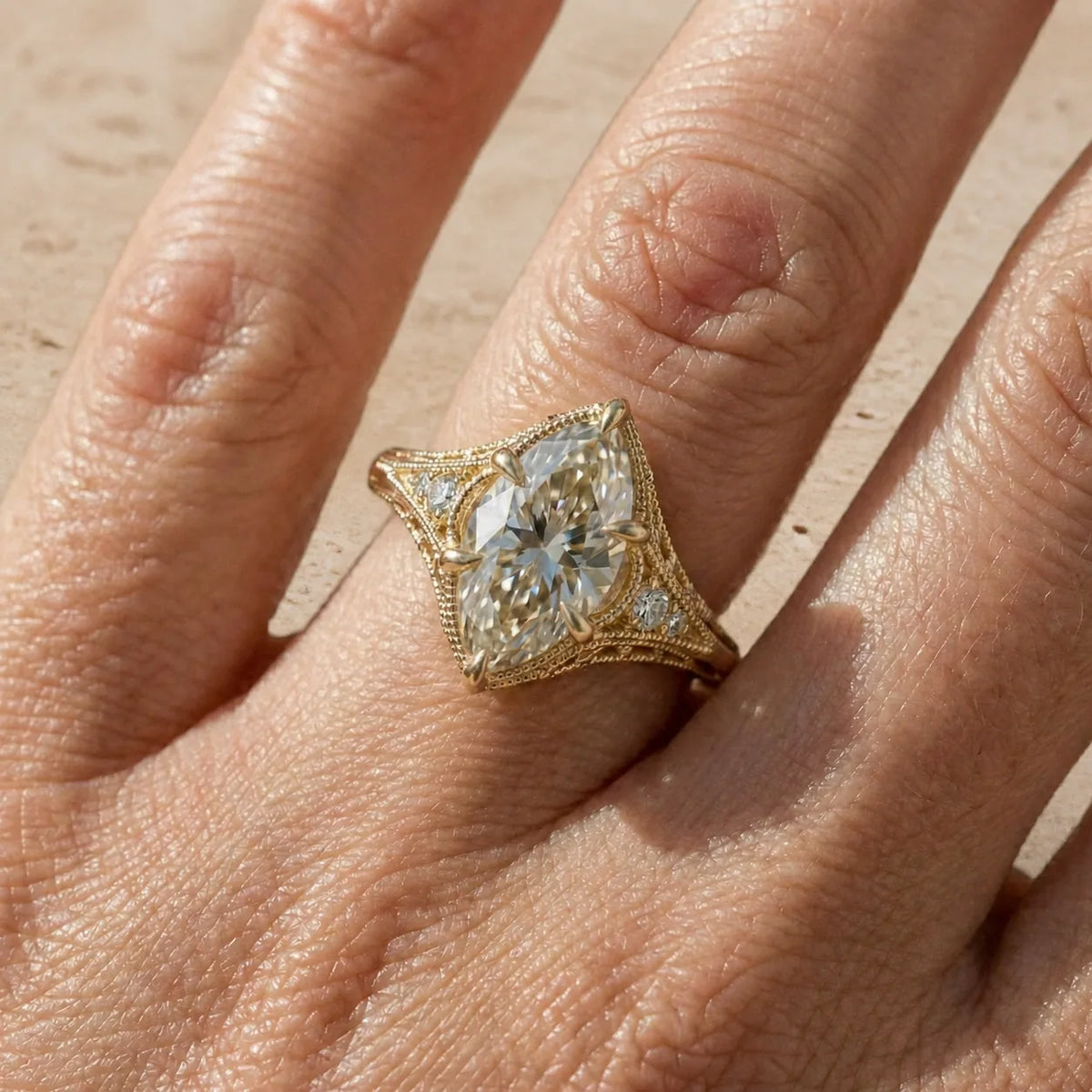 2 CT Marquise Cut Lab-Grown Diamond Leaf-Filigree Engagement Ring
