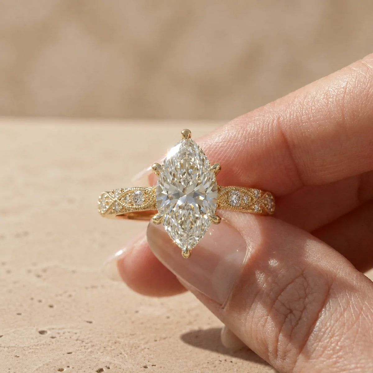 2 CT Marquise Cut Lab-Grown Diamond Milgrain Filigree Engagement Ring