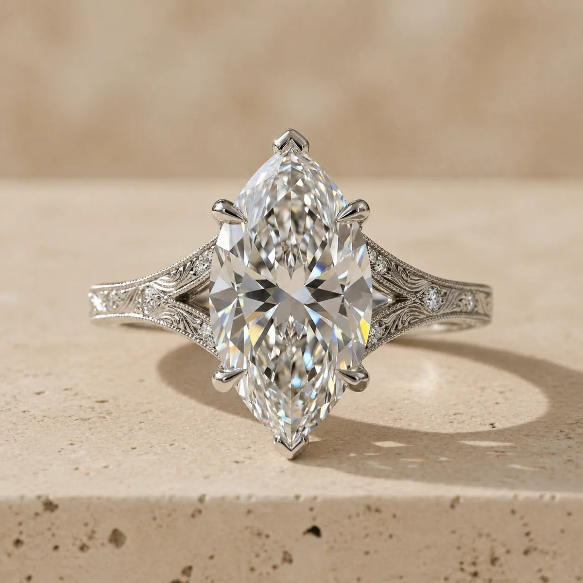 2 CT Marquise Cut Lab-Grown Diamond Split-Shank Filigree Engagement Ring