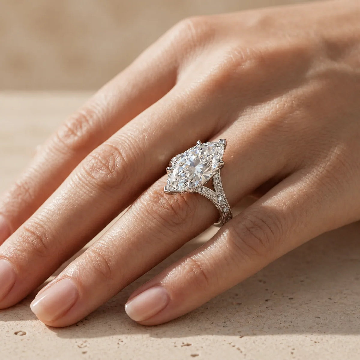 2 CT Marquise Cut Lab-Grown Diamond Split-Shank Filigree Engagement Ring