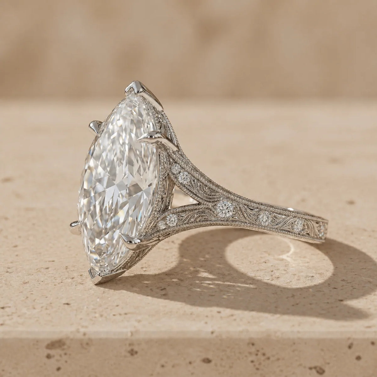 2 CT Marquise Cut Lab-Grown Diamond Split-Shank Filigree Engagement Ring