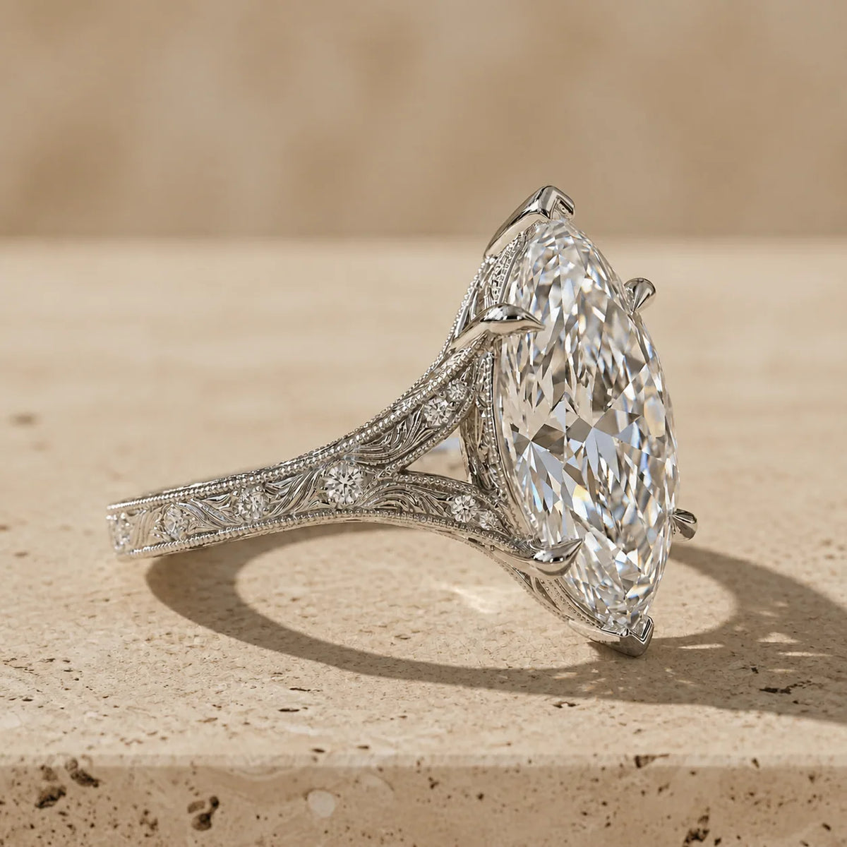 2 CT Marquise Cut Lab-Grown Diamond Split-Shank Filigree Engagement Ring