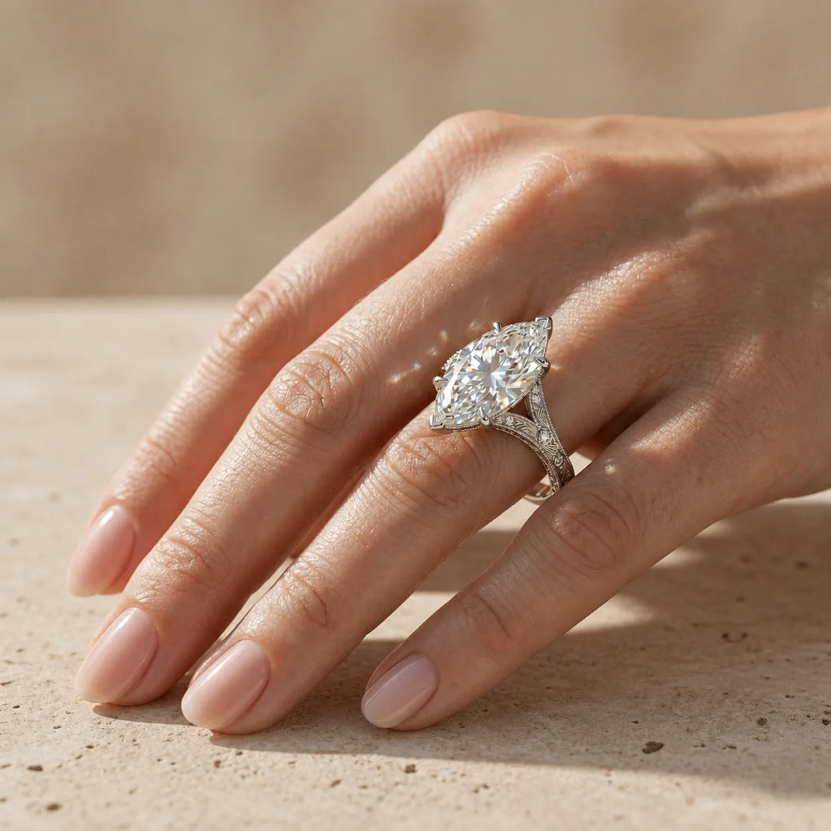 2 CT Marquise Cut Lab-Grown Diamond Split-Shank Filigree Engagement Ring