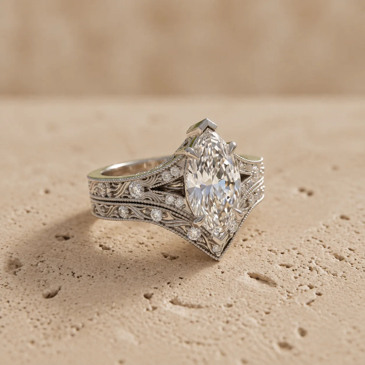 2 CT Marquise Cut Lab-Grown Diamond Vintage Filigree Bridal Ring Set