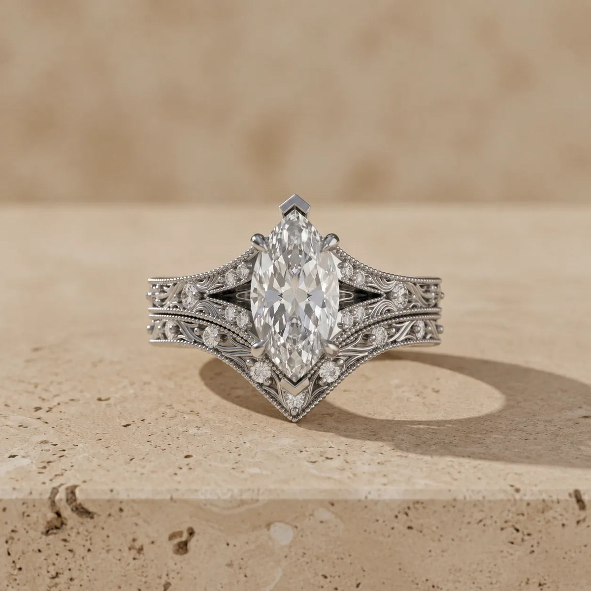 2 CT Marquise Cut Lab-Grown Diamond Vintage Filigree Bridal Ring Set