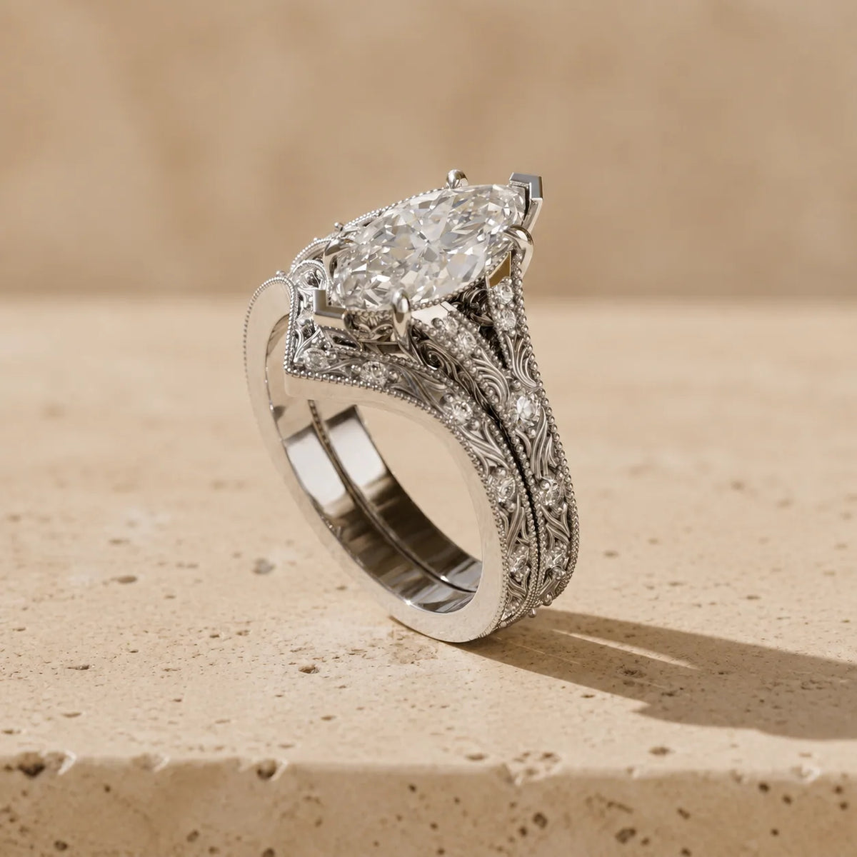 2 CT Marquise Cut Lab-Grown Diamond Vintage Filigree Bridal Ring Set