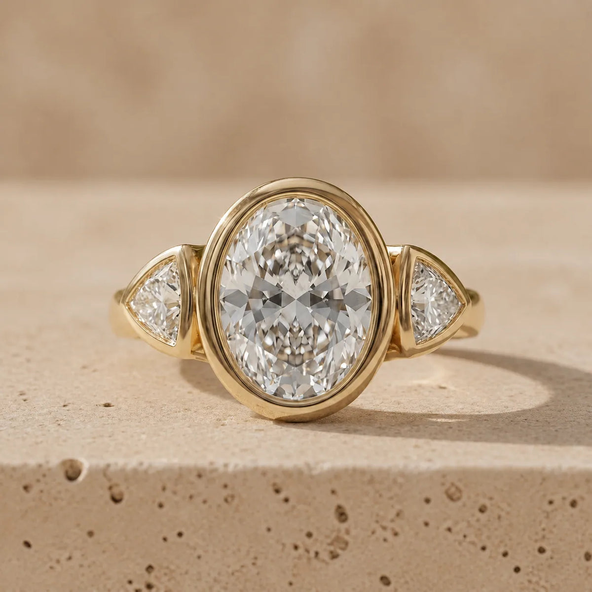 2 CT Oval Cut Lab-Grown Diamond Bezel-Set Three-Stone Engagement Ring