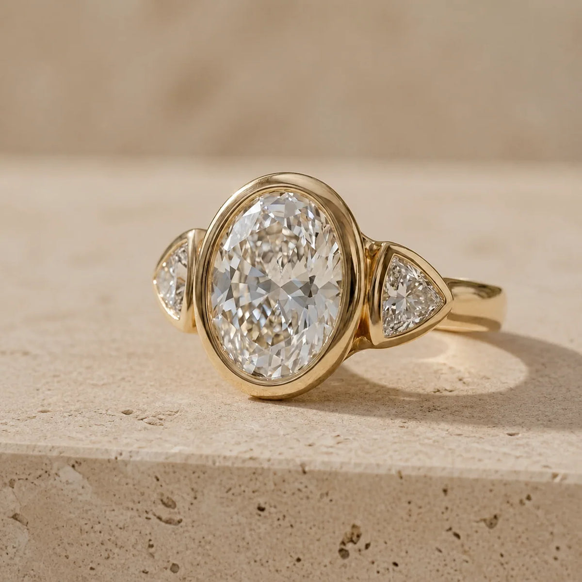 2 CT Oval Cut Lab-Grown Diamond Bezel-Set Three-Stone Engagement Ring