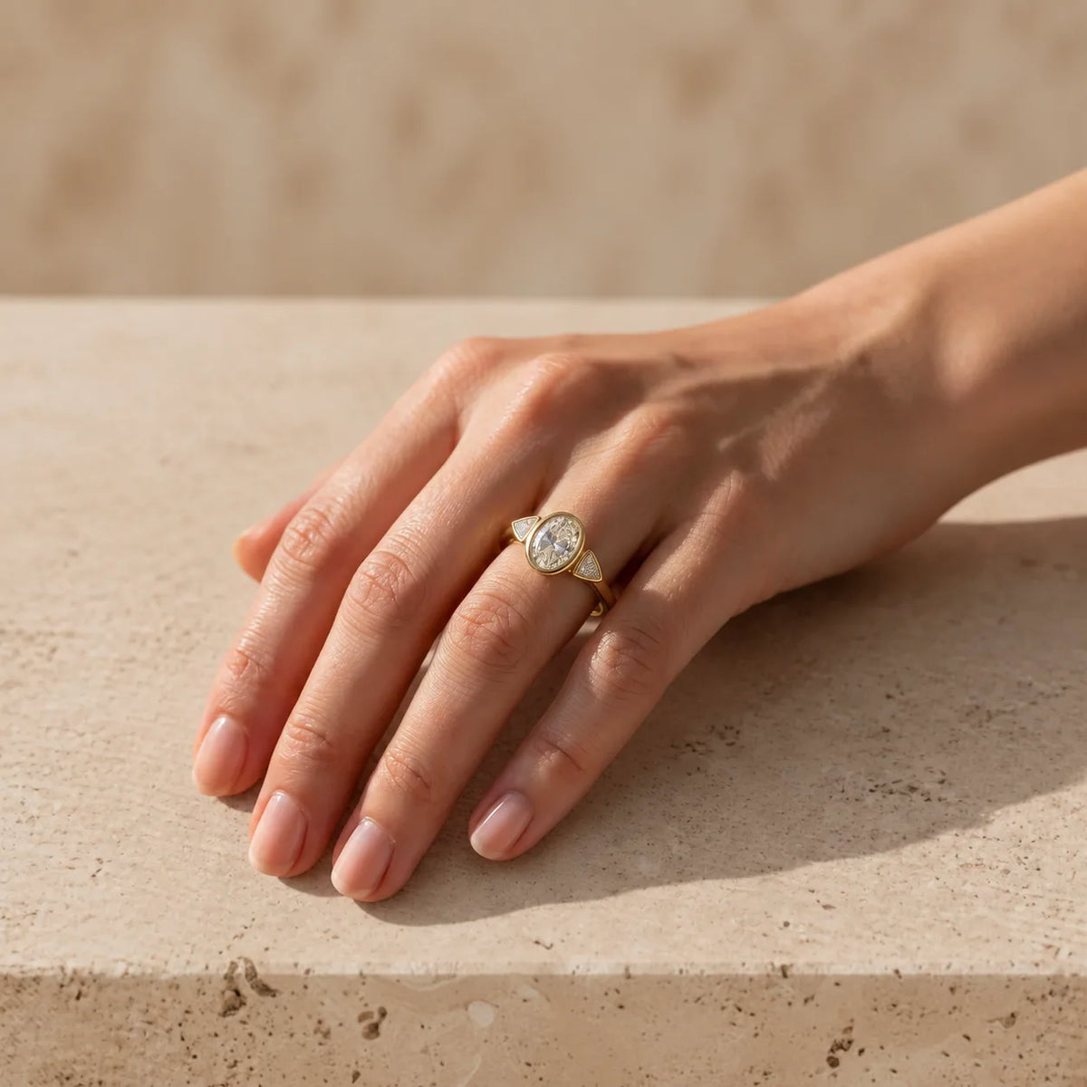 2 CT Oval Cut Lab-Grown Diamond Bezel-Set Three-Stone Engagement Ring