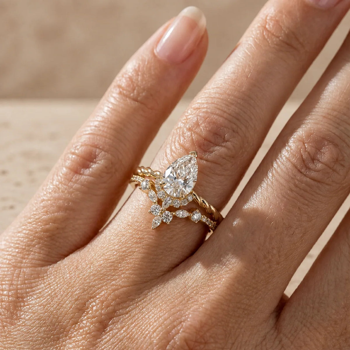 2 CT Pear Cut Lab-Grown Diamond Floral Cluster Twisted Bridal Ring Set