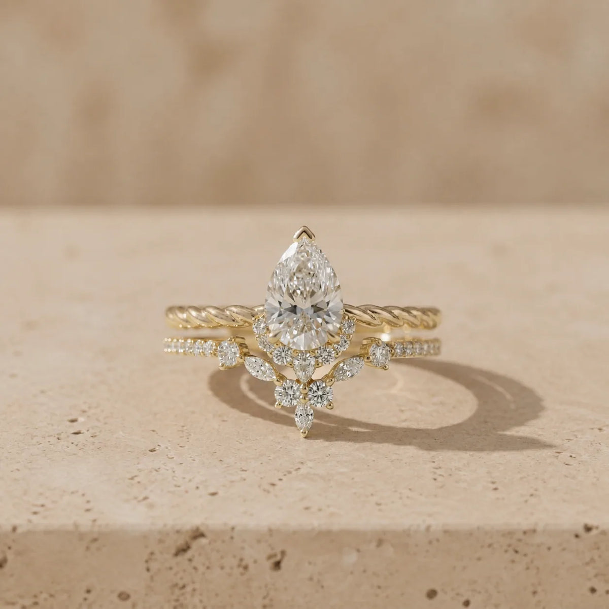 2 CT Pear Cut Lab-Grown Diamond Floral Cluster Twisted Bridal Ring Set
