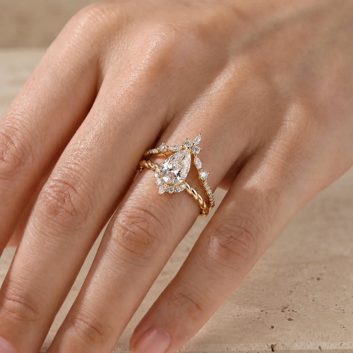 2 CT Pear Cut Lab-Grown Diamond Floral Cluster Twisted Bridal Ring Set