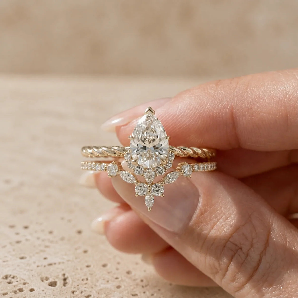 2 CT Pear Cut Lab-Grown Diamond Floral Cluster Twisted Bridal Ring Set